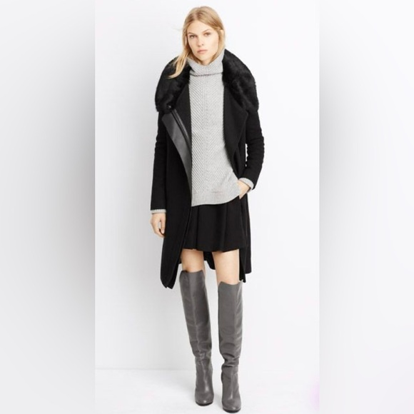 Vince Fur Collar Leather Trim Asymmetrical Coat - Picture 1 of 11